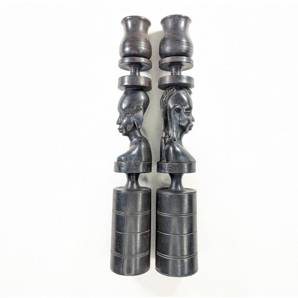 Vintage African carved wooden candlestick holders, Hand made portrait carvings - Picture 1 of 9